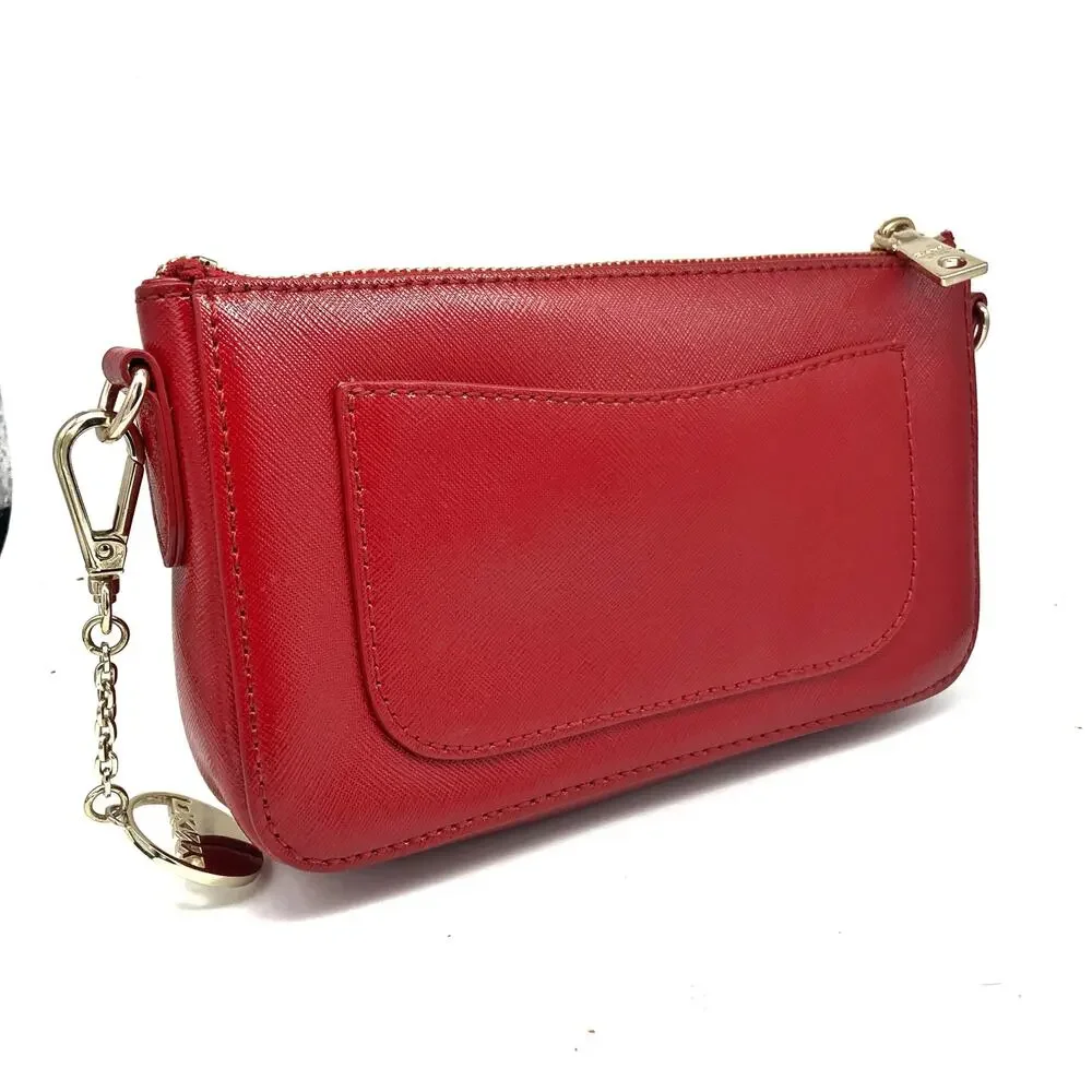 DKNY Red Saffiano Leather Studded Crossbody Clutch, Gold Hardware & Charm NWOT
